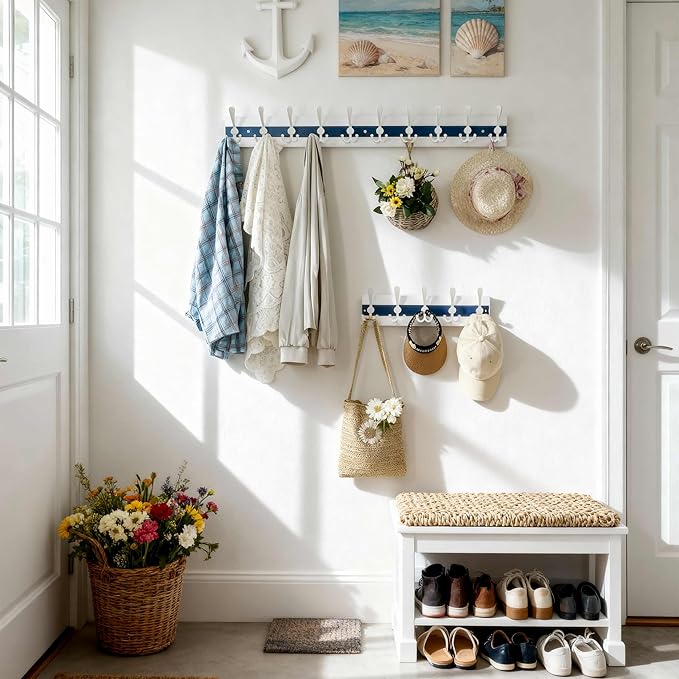 SKOLOO Coastal Wall Mounted Coat Rack - 16-7/8" Beach House Entryway Wooden Coat Hook with 5 Hooks for Hanging Coats, Hats or Towels, Oceanfront Cottage Core Collection, White & Blue