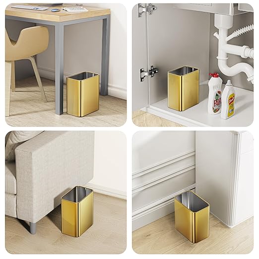 Cesun Small Bathroom Trash Can 2.1 Gallon Wastebasket, Modern Metal Garbage Can Office Waste Basket, Gold Stainless Steel Trash Bin for Bedroom, Home Office, Toilet, rv, Near Desk, Under Sink