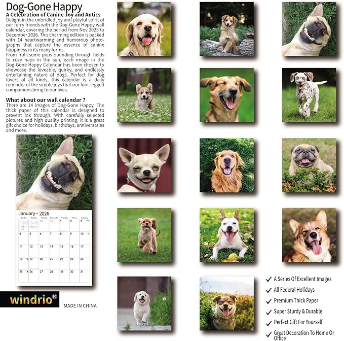 2026 Wall Calendar,Calendar 2026, November 2025 - December 2026, Wall Calendar Happy Dog, 12" x 24" Opened,Full Page Months Thick & Sturdy Paper for Gift Perfect Calendar Organizing & Planning
