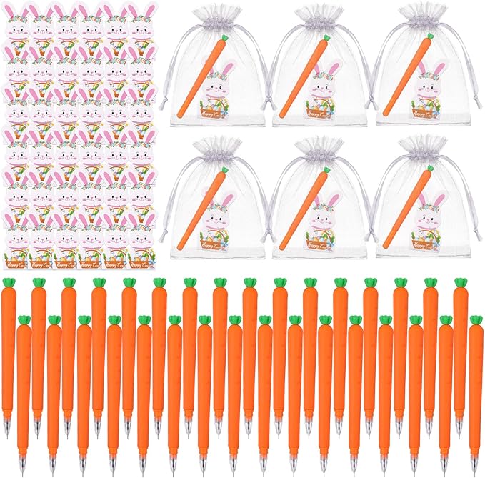 Eaasty 36 Set Easter Gifts Bulk Carrot Ballpoint Pens with Bunny Cards Happy Easter Spring Party Favors Black Ink Gel Pens for Office Stationery Supplies School Classroom Home Party Decoration