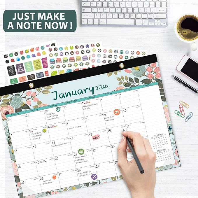 Desk Calendar 2026, Monthly Desktop Large Calendar (Jan 2026 - Jun 2027) 17" x 12" Desk Wall Planner for Family Teacher School Office Supplies, Flower