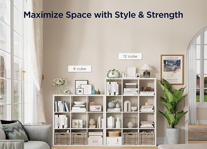 Jpiziso 12-Cube Storage Organizer, Wooden Cube Shelf Bookcase with Reinforced Thick Shelves, Heavy-Duty 36.93" L x 9.37" W x 48.82" H, for Living Room Bedroom Home Office, White