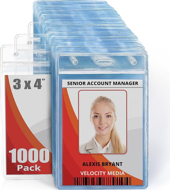 Mifflin-USA Large (L) Vertical ID Badge Holders (Clear, 3x4 inch, 1000 Pack), Plastic Nametag Covers with Zipper, Name Tag Holder