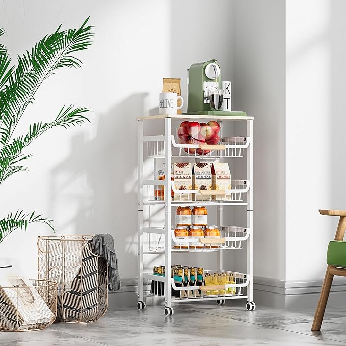 NiuYichee 5-Layer Fruit Basket Kitchen Food Storage Organizer and Storage Rack, Stackable Storage cart with Desktop, Pull-Out Hollow Metal Storage Basket, Wheeled Sorting Rack Spice Rack