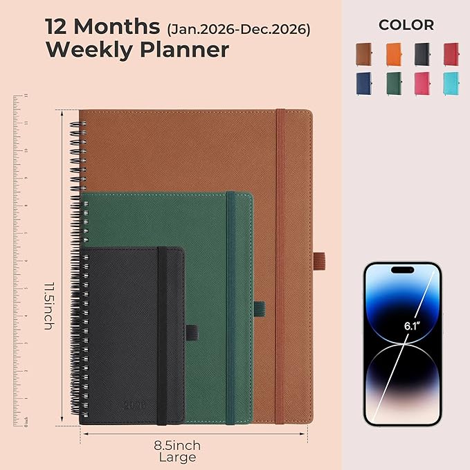 IN-LUXPRO Planner 2026 Daily Weekly and Monthly,11.5"x8.5",12 Months Spiral Bound Calendar Agenda with Self-adhesive Pen Holder,2026 Appointment Book with Vegan Leather Soft Cover,Black