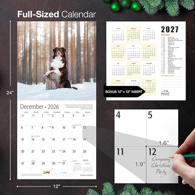 MICASA PRESS Australian Shepherds Aussies 2026 Wall Calendar 12 Month | 12" x 24" Open | Thick & Sturdy Paper | Holiday Gift | Cute Puppy Dog Calendar 2026