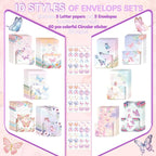 TaoBary 160 Pcs Stationery Paper Set 50 Double Sided Stationery Papers with 50 Matching Envelopes and 60 Round Dot Sticker, 10 Design(Watercolor Butterfly,5.5 x 8.25 Inch)