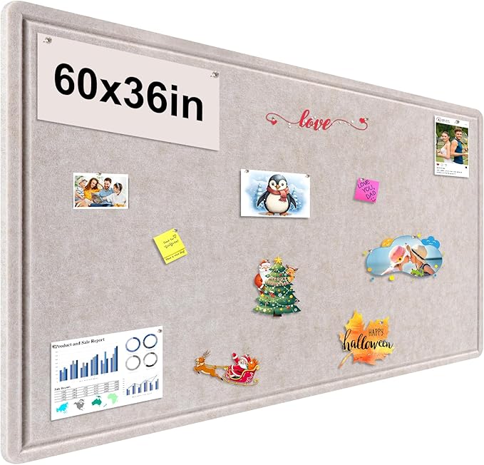 Large Bulletin Board, Foldable 60x36 Inches Cork Board Alternative, Large Felt Board Decorative Pin Board for Wall, Foldable Photo Board Self-Adhesive Vision Board with 36 Pushpins Light Khaki