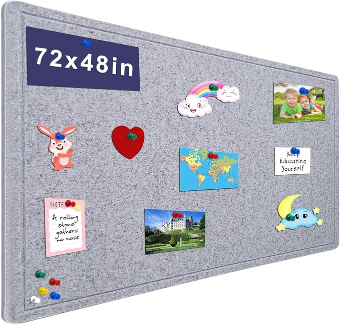 Large Bulletin Board, 72 X 48 inches Cork Board with 30 Pushpin, 6' x 4' Felt Cork Board Notice Pin Board, Self-Adhesive Vision Board Mood Board Foldable Photo Board for Wall - Silver Gray