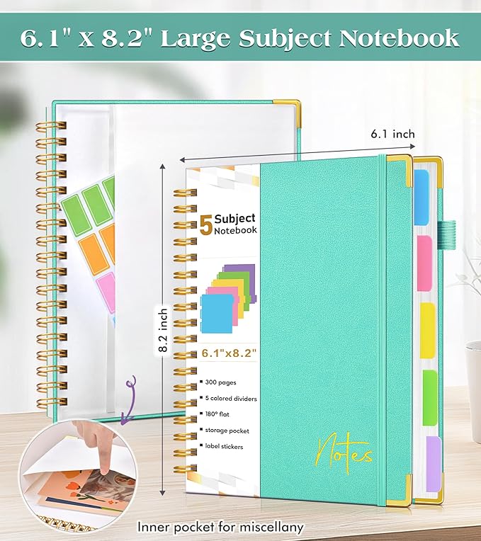Spiral Notebook Journal with Removable Dividers Tabs, 300 Pages Hardcover Leather 5 Subject College Ruled Notebook, 6.1"x8.2" Large A5 Lined Journal for Women Men Spiral Notebook for Work School,Teal