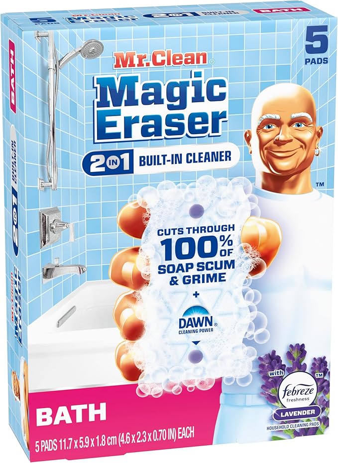 Mr. Clean Magic Eraser Sponge, Bathroom Cleaner, Shower Cleaner, Tub Cleaner, Soap Scum Remover, Bathroom Cleaning Supplies, Dawn Cleaning Power with Febreze Lavender Scent, 5ct
