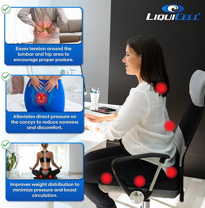ERGO21 LiquiCell Coccyx Seat Cushion, Aid for Tailbone Pain Relief, Sciatica Pain, Back Support | Donut Like Butt Pillow for Long Hours Sitting at Home/Office Chair (18" W x 17" L x 2" H)