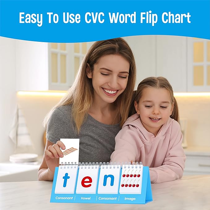 CVC Word Flip Chart - Double Sided 40 Short Vowel Word Flashcards, Freestanding, Educational Learning Tool for School Supplies