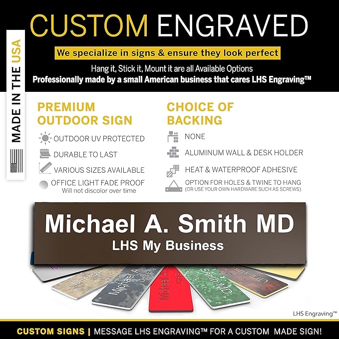 Door Name Plate Personalized for Office Brown Plastic Name Plate with White Letters - Made in USA 2x4 B25