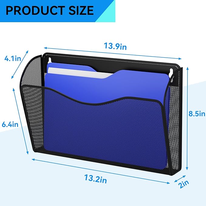 GDINDINFAN Single Pocket Wall File Holder, Mesh Hanging File Folder Paper Organizer, Vertical Wall Mounted Mail Basket, Storage Organization Magazine Rack for Office, Home and School, Black