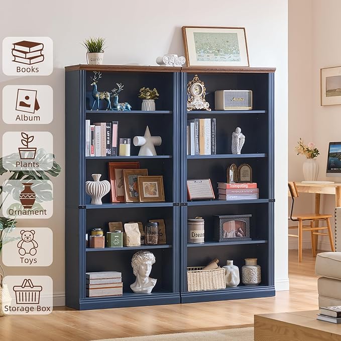 RWYHG 70" Blue Tall Bookshelf Set of 2,5-Tier Thick Wooden Book Shelf with Adjustable Shelves,Free Standing Farmhouse Bookcase with Open Display Storage,Floor Vintage Bookshelves for Living Room