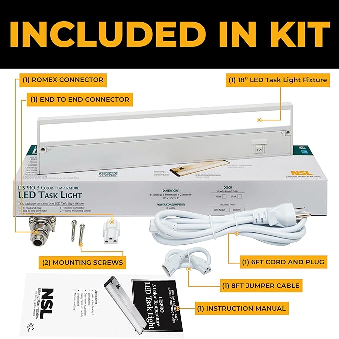 LED Under Cabinet Lighting Hardwired - 3CCT 18 Inch White Finish - Undercabinet Lights for Kitchen - Linkable Undercounter Dimmable Plug in Light or Hard Wired - Under Counter Fixture Direct Wire
