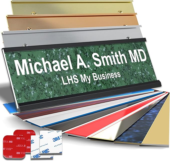 Personalized Name Plate with Choice of Mounting Holders for Walls, Doors, Cubicles, Hanging and More - Custom Verde Green Marble Plastic White Letters - USA Made 2x6 - S4