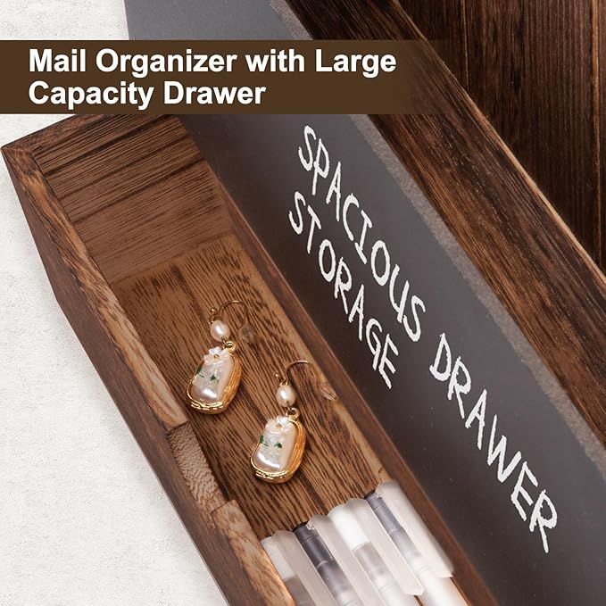 Lucundm Mail and Key Holder Wall Mount with Storage Drawer – Modern Wooden Mail Organizer for Wall Entryway, 7 Key Hooks & Chalkboard Panel – Stylish Home Decor for Apartments, Living Room, Office