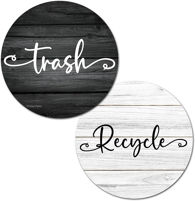 Farmhouse Recycle and Trash Magnets for Kitchen Trash Cans and Recycling Bins, Trash and Recycle Magnet Combo for Garbage Can Logo Symbol, 2 Magnetic Sticker Adhesives, 4" Circle, Outdoor Waste Bin
