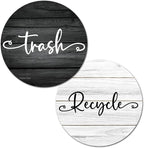 Farmhouse Recycle and Trash Magnets for Kitchen Trash Cans and Recycling Bins, Trash and Recycle Magnet Combo for Garbage Can Logo Symbol, 2 Magnetic Sticker Adhesives, 4" Circle, Outdoor Waste Bin