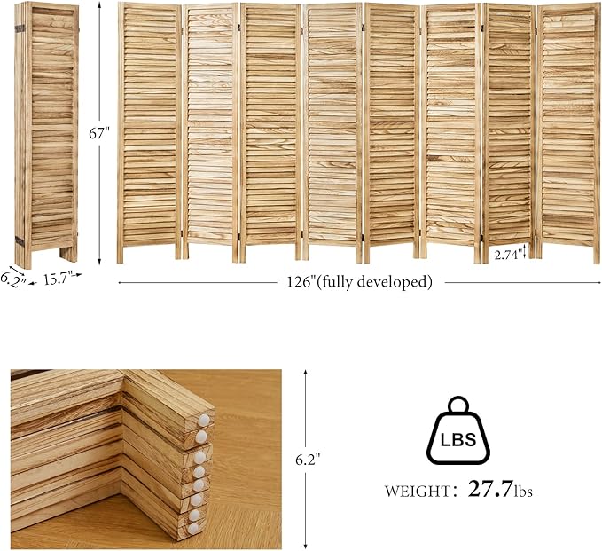 Room Partitions and Dividers, Temporary Wall with Double Hinges, 5.6 Ft Tall Folding Louver Wood Screen for Home Office Bedroom Hotel Decoration (8 Panels, Wood Color)