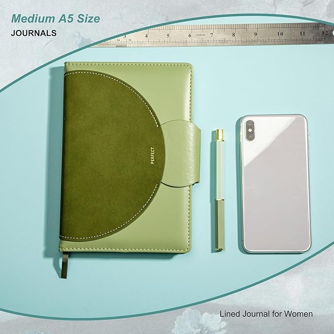 CAGIE Lined Journal for Women, 100GSM Leather Journals for Writing with Buckle Closure,A5 Hardcover Diary Journaling Notebooks for Business Work School Note Taking 5.9" x8.59 (Green)
