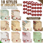 TaoBary 160 Pcs Stationery Paper Set 50 Double Sided Stationery Papers with 50 Matching Envelopes and 60 Round Dot Sticker, 10 Design(Vintage Floral,8.5 x 11 Inch)