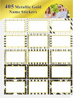 405 PCS Gold Metallic Name Tag, Blank Name Labels in 15 Designs with Permanent Adhesive Writable White Name Tag Stickers for School Office Home (Each Measures 3" x 2")