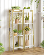 Hzuaneri Ladder Shelf, Bookshelf Bookcase, Freestanding Corner Storage Shelve with 2 Hooks for Home Office, Living Room, Kitchen, Bedroom, Industrial, 11.8" D x 13.4" W x 47.2" H, White Gold BC13213G
