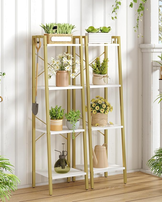 Hzuaneri Ladder Shelf, Bookshelf Bookcase, Freestanding Corner Storage Shelve with 2 Hooks for Home Office, Living Room, Kitchen, Bedroom, Industrial, 11.8" D x 13.4" W x 47.2" H, White Gold BC13213G