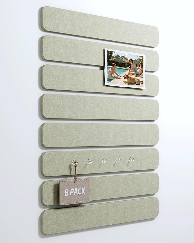 Fluxynara Cork Board Alternative Felt Strip Board 8-Pack 13"x2", Office Pin Board with 50 Push Pins, Adhesive Install for Bedroom Door & Home Office(Sage)