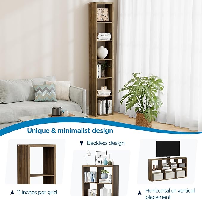 Jpiziso 6 Cube Storage Organizer Single Row, Cube Shelf with Heavy-Duty Thick Boards, 13.31" L x 9.37" W x 72.36" H, Smooth Easy-Clean Panels, Simple Assembly, for Living Room Bedroom Office, Brown