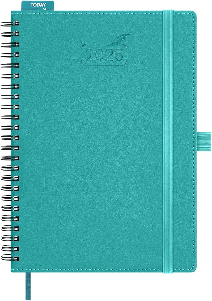 BEZEND 2026 Planner Weekly and Monthly (6" x 8.5" Spiral) Daily Calendar with Hourly Timeslots & Tabs (Jan-Dec) Note & Expenses, Pen Holder, Inner Pocket, Vegan Leather Softcover - Turquoise