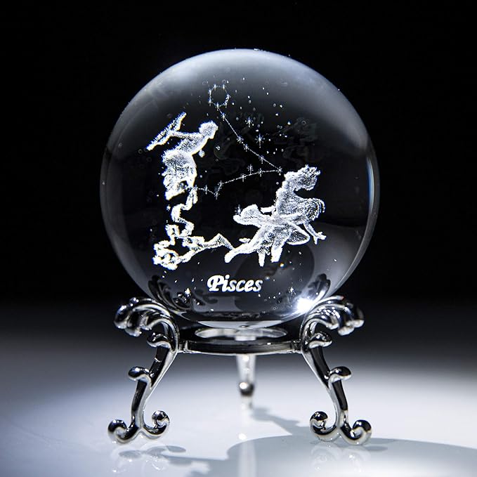 3D Inner Carving Constellation Ball Crystal Paperweight Full Sphere Glass Fengshui with Sliver-Plated Flowering Stand(Pisces)