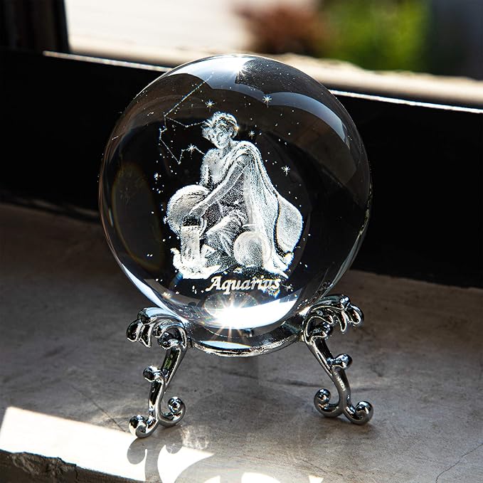 3D Laser Constellation Crystal Ball 60mm Crystal Paperweight Full Sphere Glass Fengshui with Sliver-Plated Flowering Stand(Aquarius)