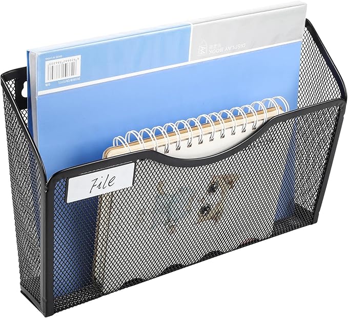 EasyPAG 3 Pack Wall File Organizer with Label Panel, Mesh Hanging File Folder Organizer for Letter/A4 Size Folders, Wall Mounted Vertical Mail Holder for Paperwork, Office, Home, School, Black