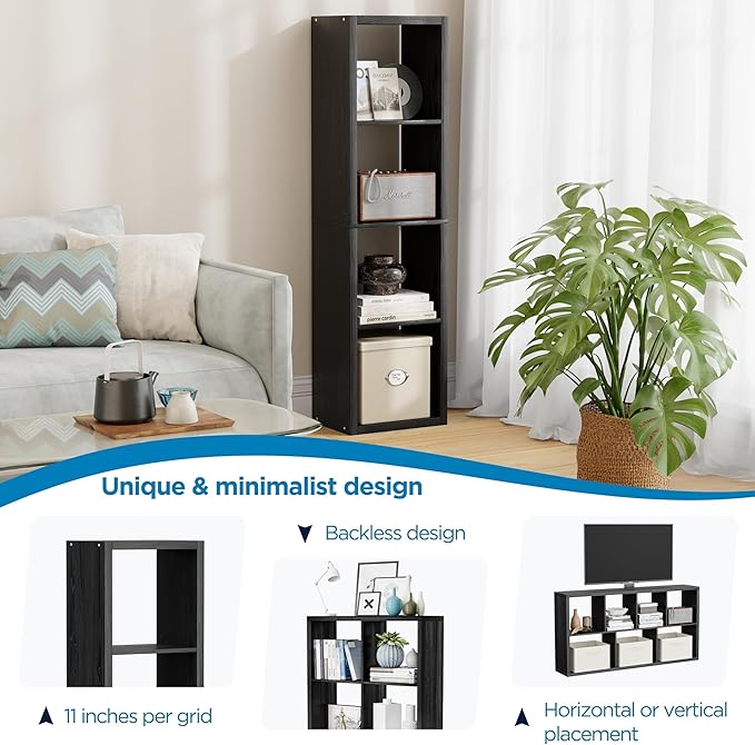 Jpiziso 4 Cube Storage Organizer Single Row, Cube Shelf with Heavy-Duty Thick Boards, 13.31" L x 9.37" W x 48.82" H, Smooth Easy-Clean Panels, Simple Assembly, for Living Room Bedroom Office, Black