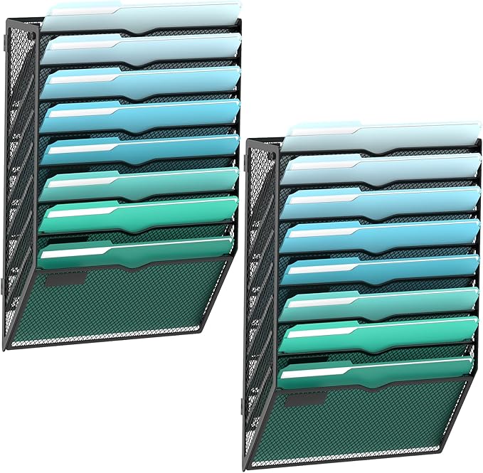 SUPEASY 8-Tier Wall File Organizer, Hanging Wall Files for Papers, Folders, Magazines, Wall Organizer for Clipboard, Assembly Needed, Black, 2 Pack