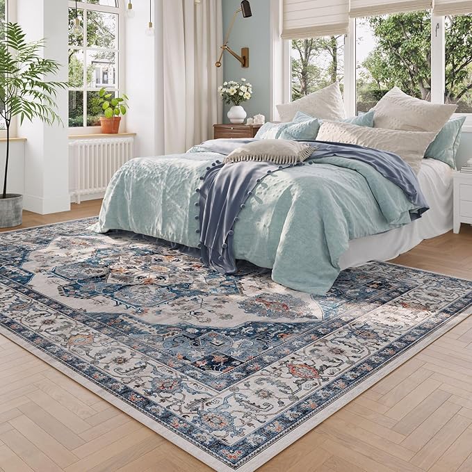 Rugcomf Vintage Medallion Living Room Rug 5'x7' - Machine Washable Area Rug, Non-Slip Low Pile Boho Carpet for Bedroom, Dining Room, Farmhouse, Office, Kids Playroom - Blue
