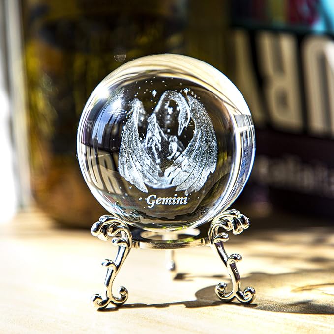 3D Constellation Crystal Ball 60mm Crystal Paperweight Full Sphere Glass Fengshui with Sliver-Plated Flowering Stand(Gemini)