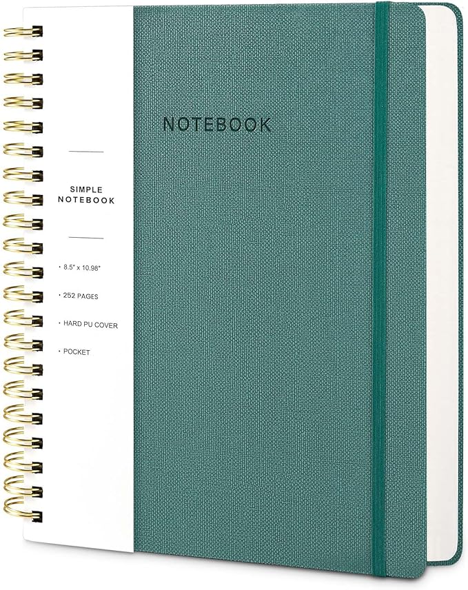 Oneirom Spiral Notebook - 8.5 x 10.98 Inch Large Hard Cover Notebook with Elastic Band & Pocket, 252 Pages, Lay Flat Wirebound Journal for Work, School, Planning & Note Taking Green