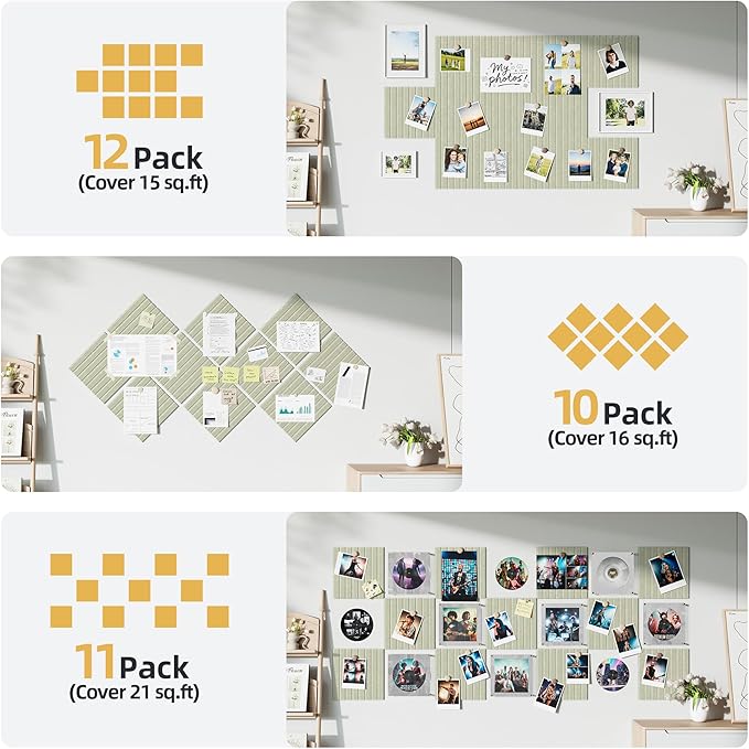 Large Cork Board for Wall 36" x 48" Sage Bulletin Board with Safe Removable Adhesive Squares for Pictures Photos, Alternative CorkBoard Felt Pin Boards Tiles for Office Classroom Wall Decor - 12 Pack
