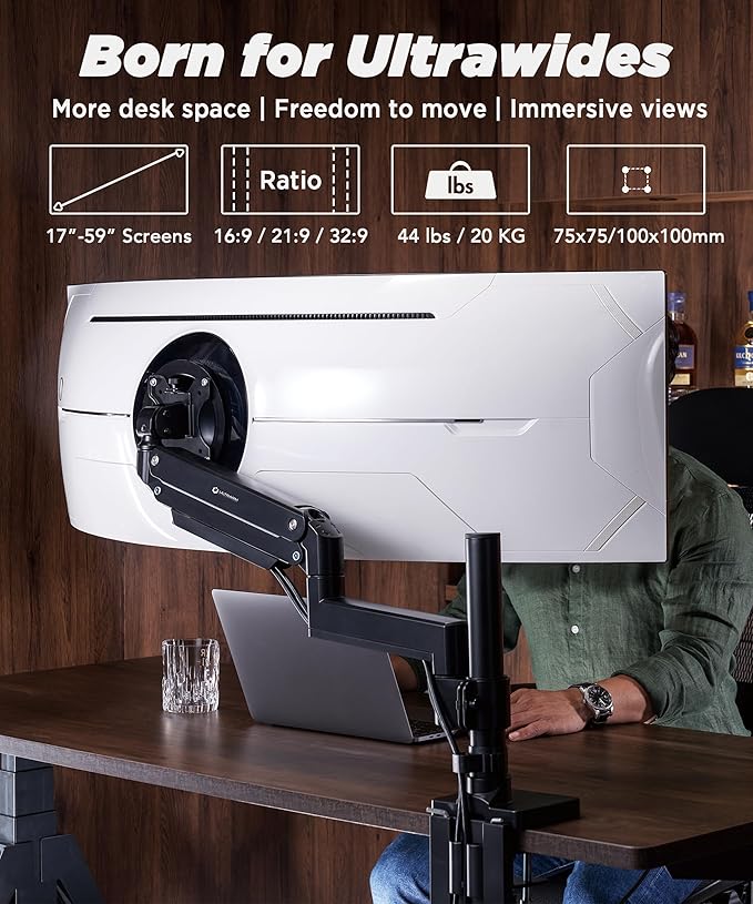 ULTRARM Heavy Duty Monitor Arm for Ultrawide Monitors up to 57" and 44 lbs, Single Desk Stand, Pneumatic Height Adjustable, Modular Extension Arms - Max VESA 100x100, Black, MA20P-S