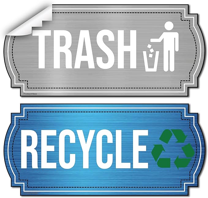 Recycle and Trash Stickers for Kitchen Trash Cans and Recycling Bins, Indoor Trash and Recycle Sticker Combo for Garbage Can Logo Symbol, Blue & Gray Decals, 6.5" x 3" Elegant Style with Split-back