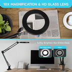 LED Magnifier Desk Lamp with Stand, 3 Color Modes & Stepless Dimming 5-Diopter Glass Lens, Adjustable Swivel Arm - Magnifying lamp for Close Work, Repair, Crafts, Reading - Long
