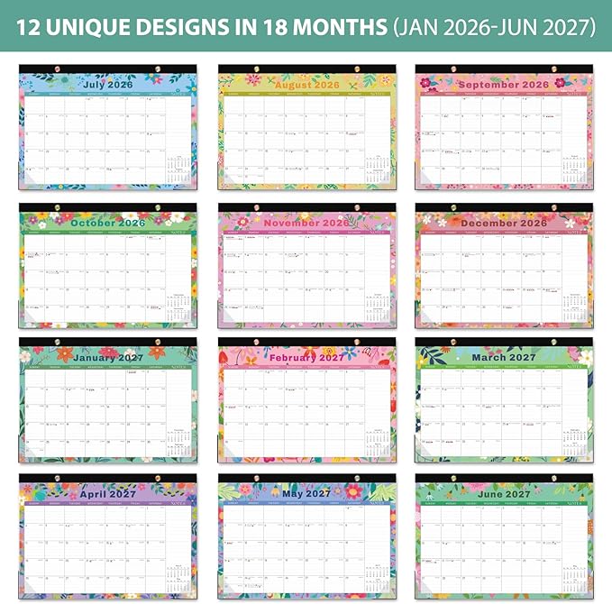 Desk Calendar 2026-2027, Jan 2026 to Jun 2027 - Large 17" x 12" Monthly Calendar with To-Do List and Notes for Home, Office or School, Cartoon Floral
