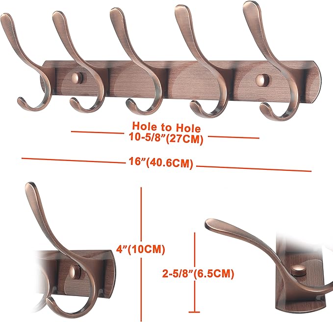 SKOLOO Coat Rack Wall Mount - Modern, Metal Wall Coat Rack with 5 Hooks, Sturdy Wall Hook Rack Rail for Hanging Coat, Jacket, Clothes, Hat, Red Copper