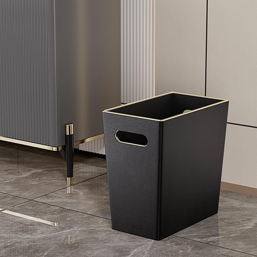 LADSTAG Black 3 Gallon Waste Basket 4 Gallon Trash Can, Office Wastebasket with Gold-Tone Edging Decoration for Bathroom,Pu Leather Waste Bins for Toilet Bedroom Living Room, Office Home Modern Decor