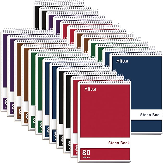 Alitte Steno Pads Spiral 6x9-24 Pack Regular Colors - Perfect for Work, School, and Home Use, Easy Tear-Off Pages, Gregg ruled, White Paper - No Ink Bleeds - 80 Sheets